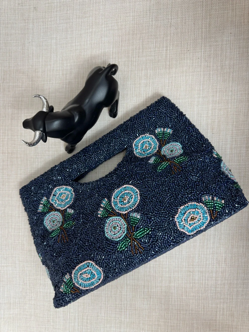 Embroidered Navy Beaded Floral Wristlet Clutch